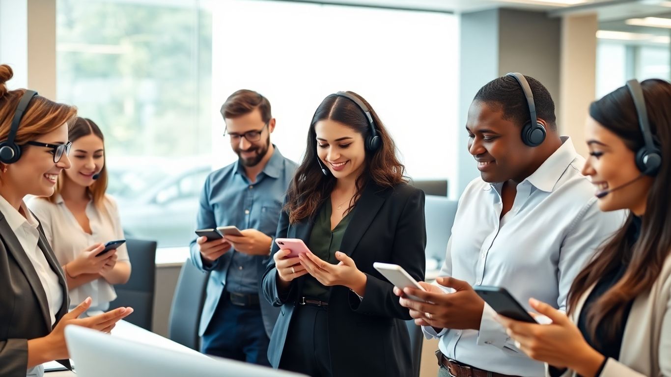 Business team on mobile phones in modern office