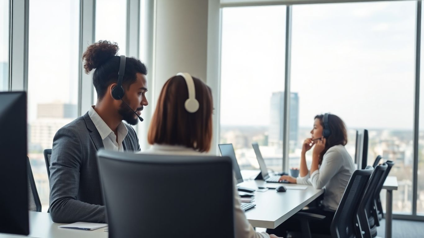 Business professionals with headsets in modern Newport News office.