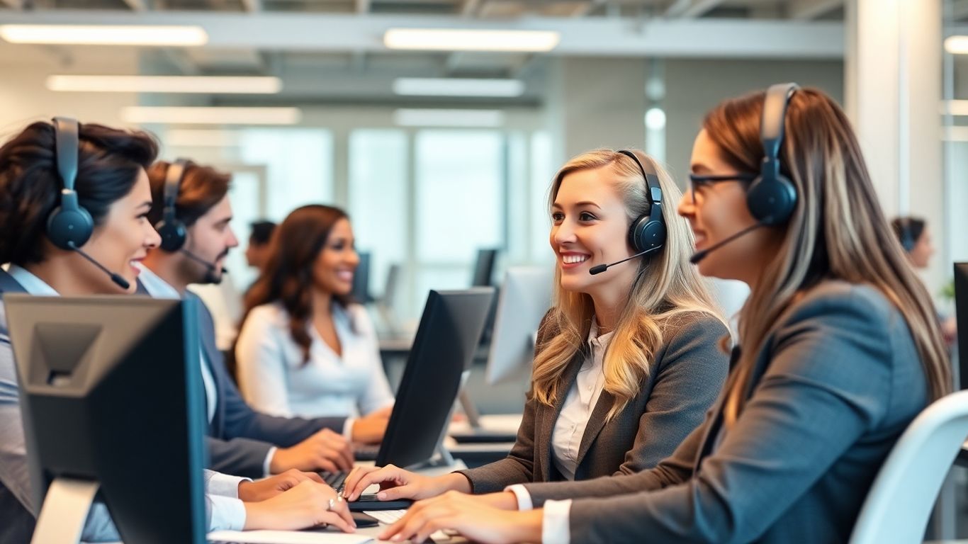 Customer service agents in modern office setting with headsets.