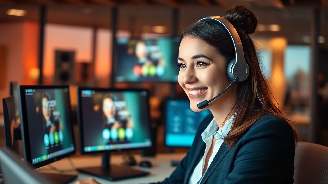 Customer service agent answering phone in modern office