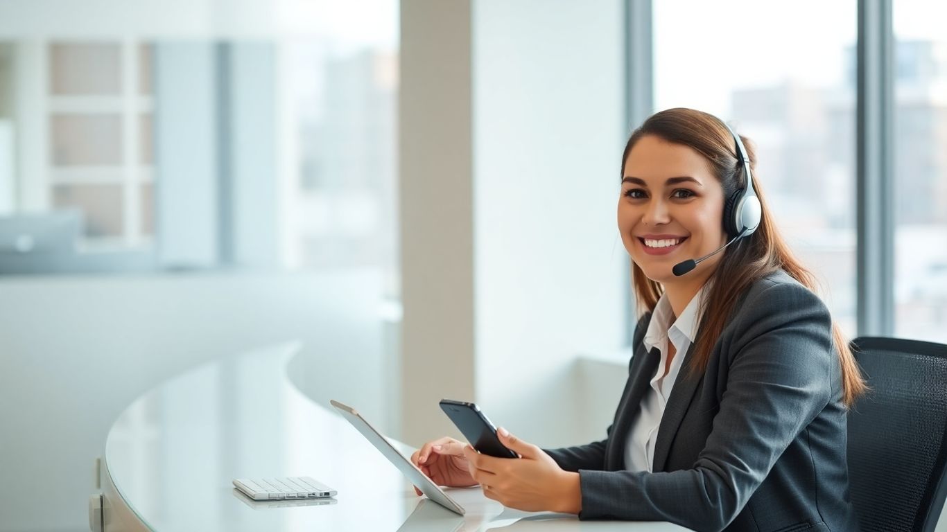 Receptionist at desk with smartphone and incoming SMS