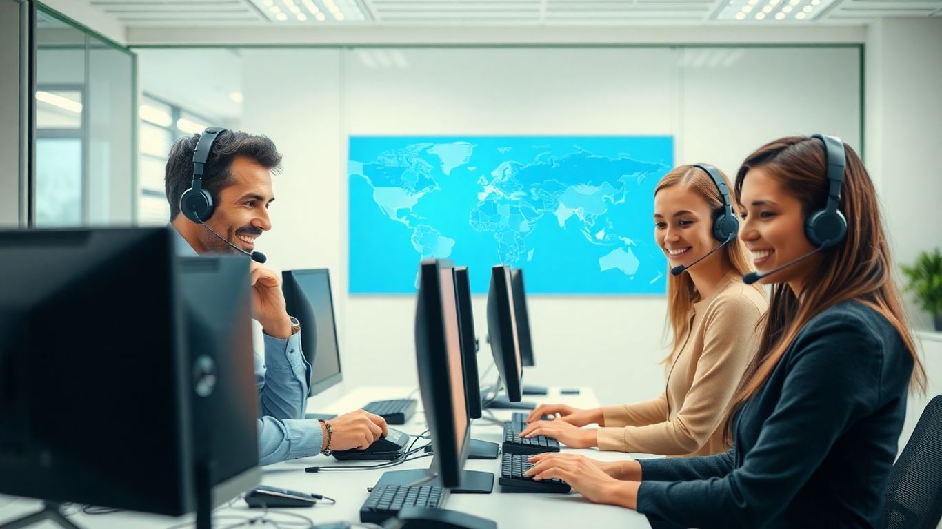 Call center agents at computers handling multiple calls