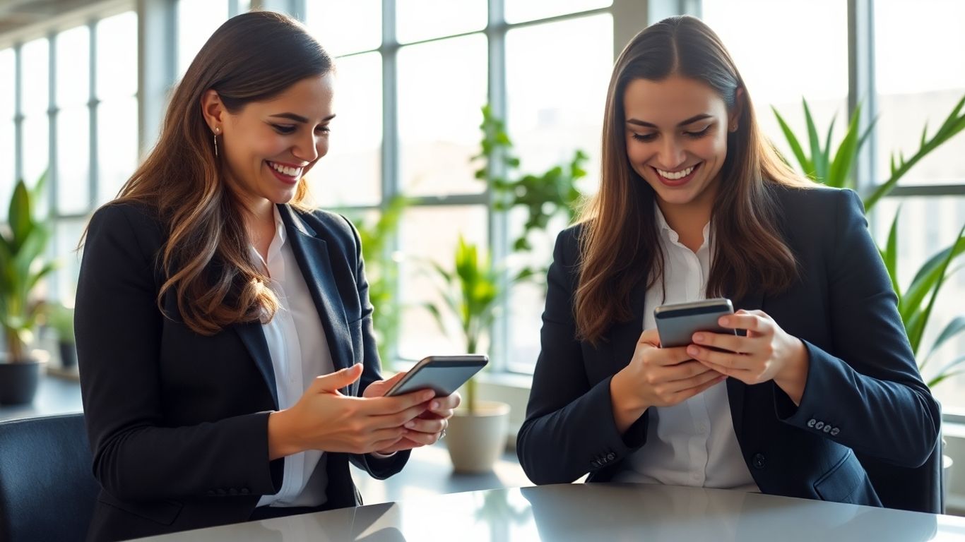 Two professionals texting in a modern office environment.