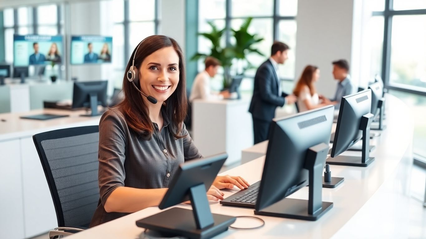 Receptionist using headset in modern office taking calls