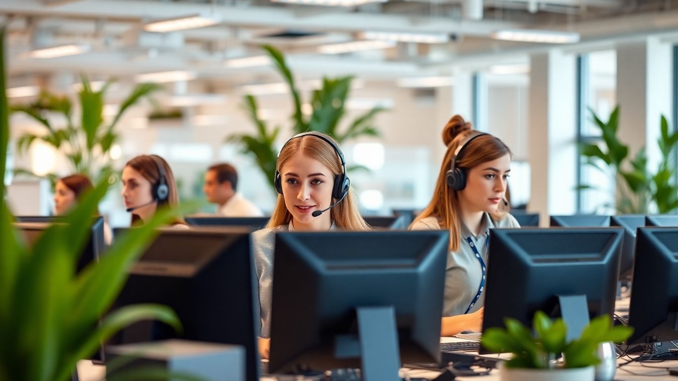 Office workers in headsets answering multiple phone calls