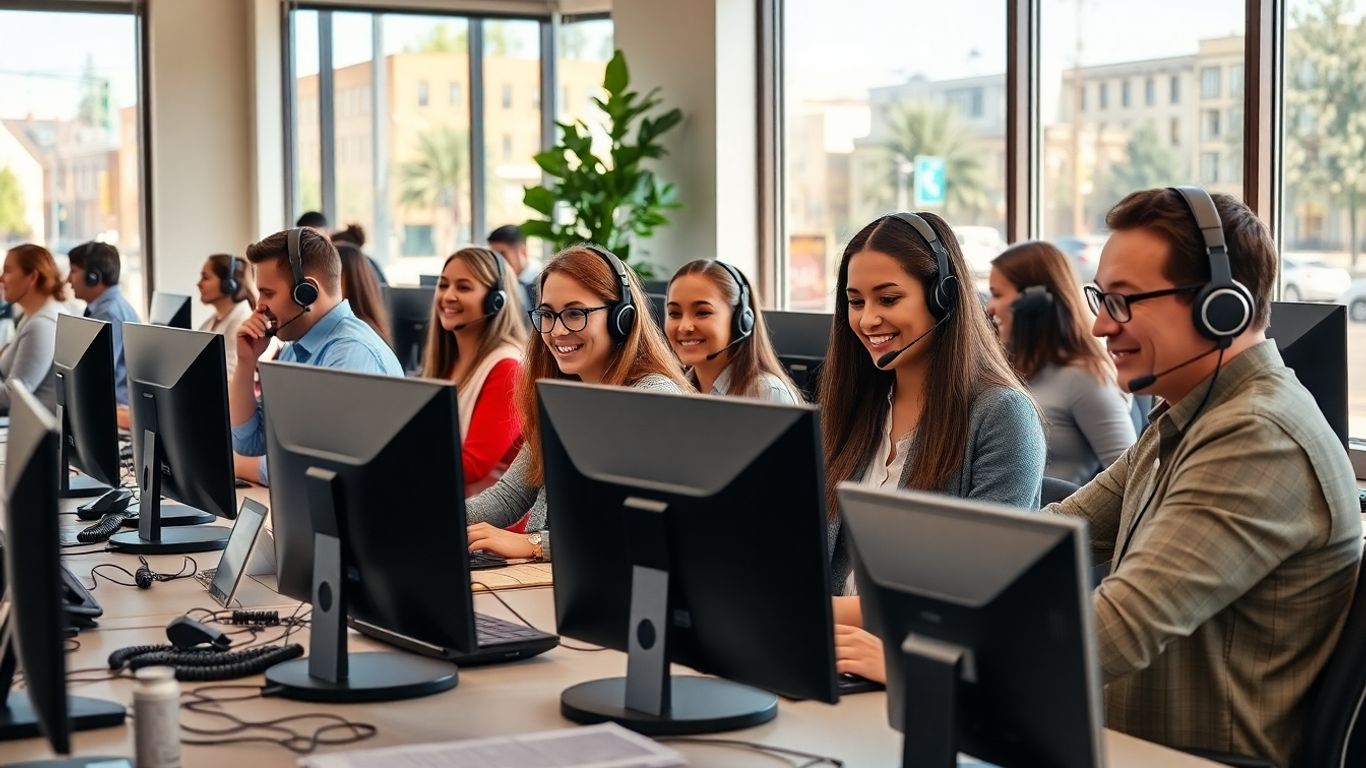 Professionals with headsets answering calls in sunny Modesto office