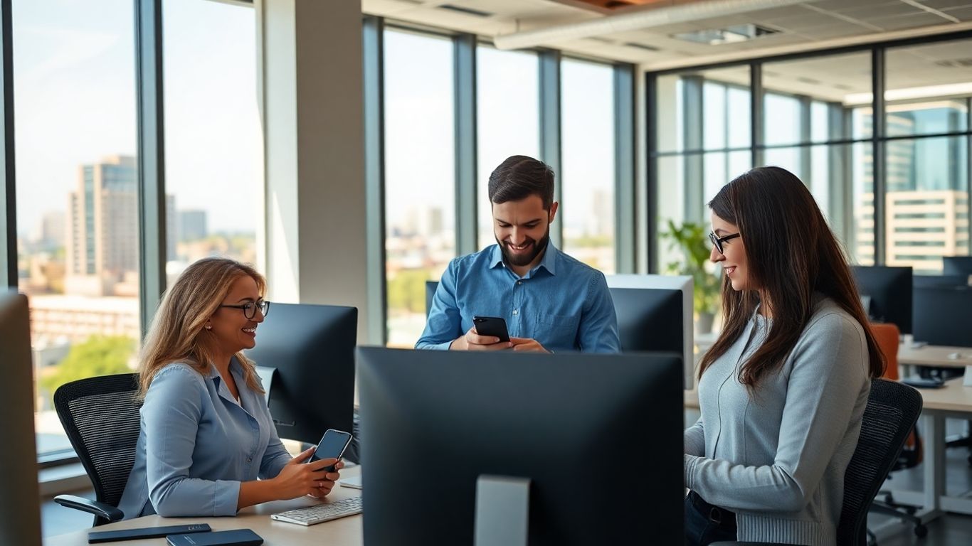 Office workers using SMS tech in sunny Modesto office