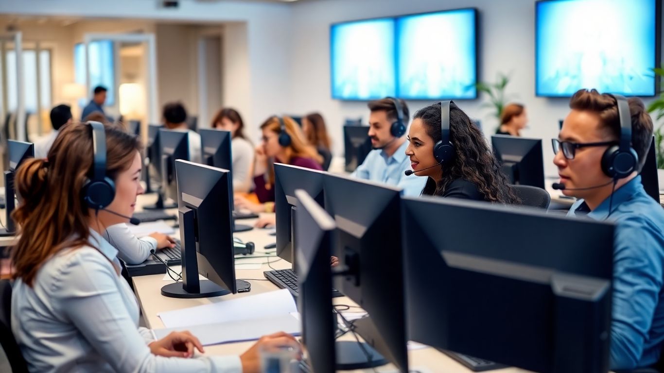 Office workers using headsets with modern AI technology