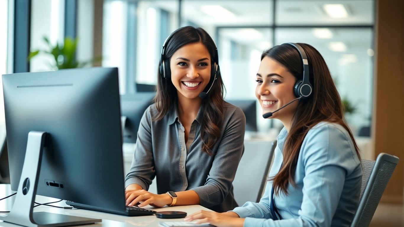 Business receptionist answering phone calls in modern office