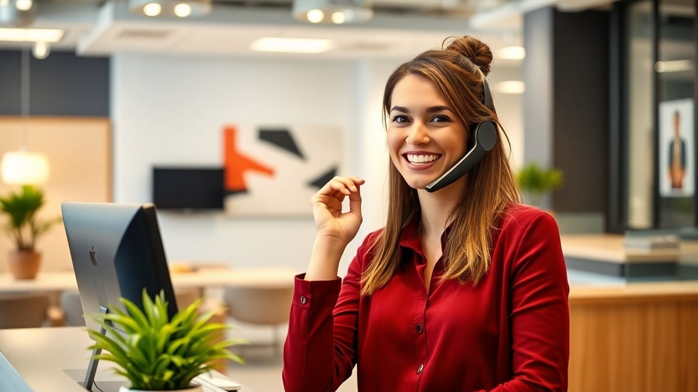 Receptionist answering phone in a modern office setting