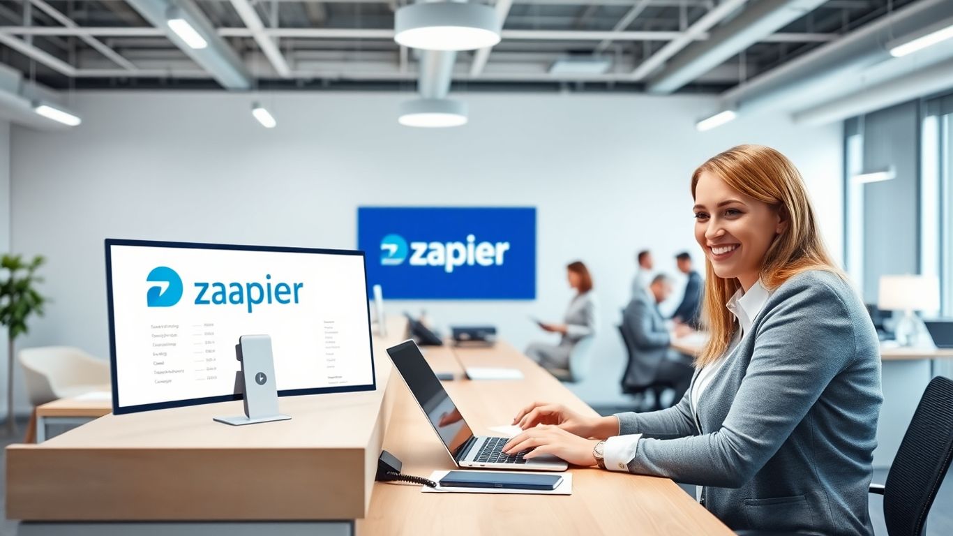 Receptionist using phone and laptop in a modern office.
