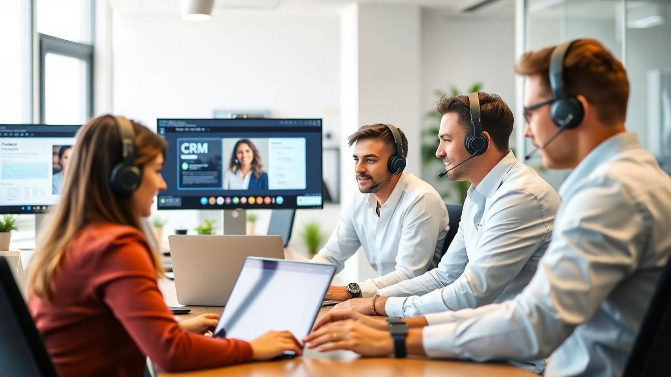 Office team using CRM software and answering calls