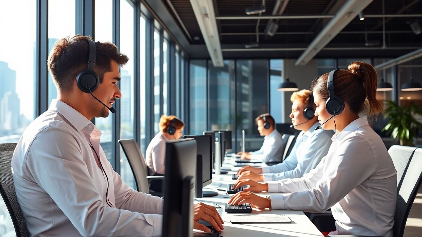 Call center agents in Cincinnati office on phones.