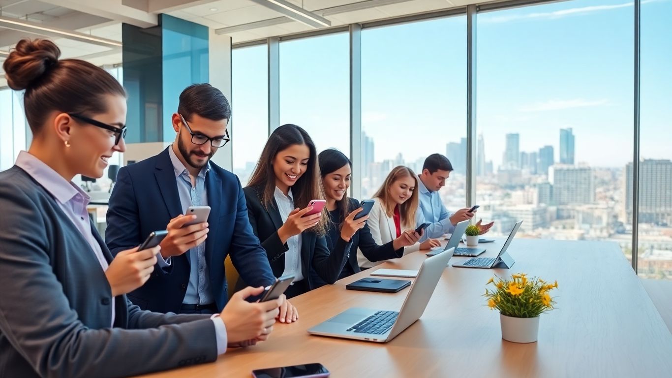 Business team in Cincinnati office using smartphones