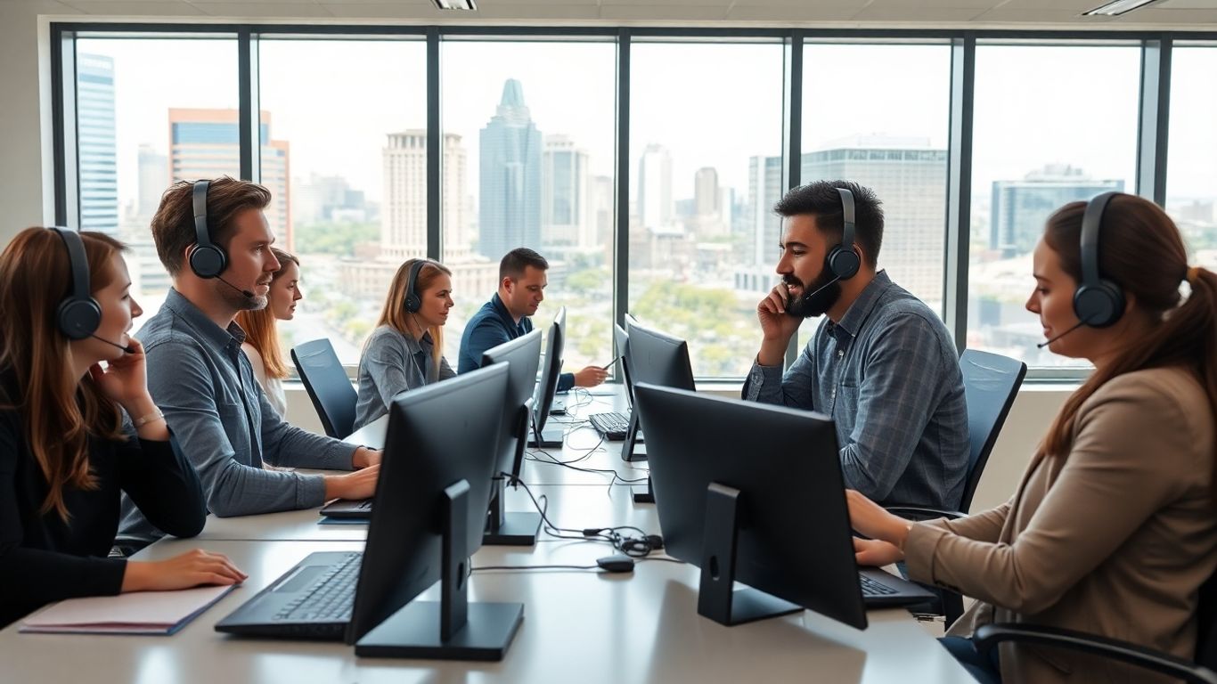 Professionals in office using headsets and phones, Cincinnati skyline