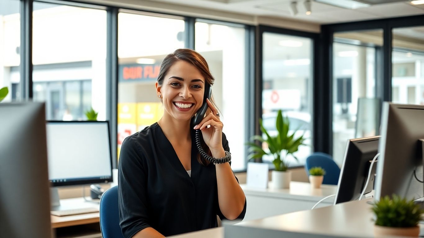 Receptionist answering call in modern office with storefront visible
