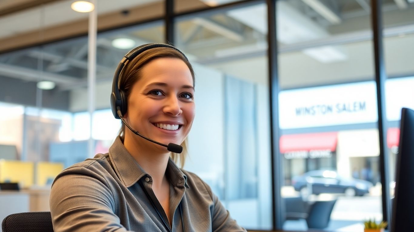 Smiling agent with headset in Winston-Salem office