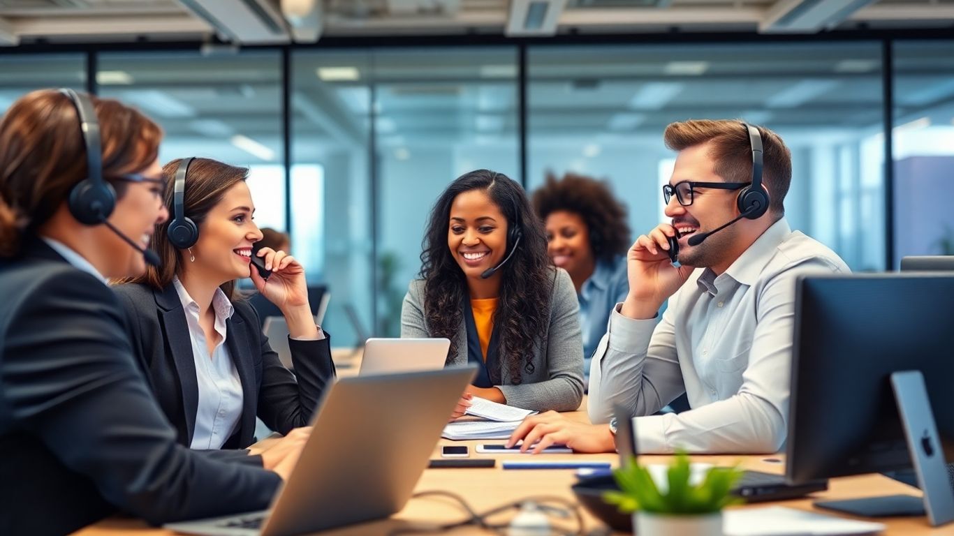 Business professionals on phones in Baton Rouge office