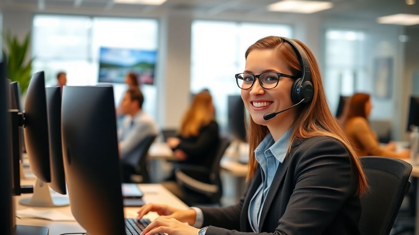 Call center agent answering business calls professionally