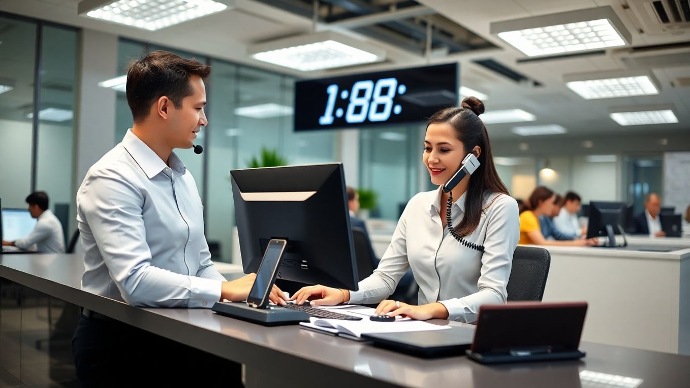 Receptionist answering calls in busy modern business office.