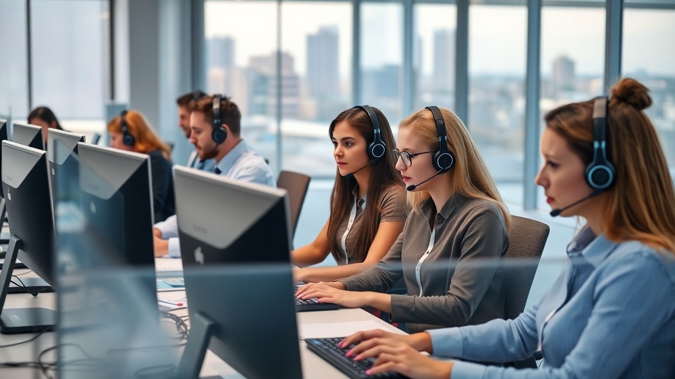 Customer service team managing calls in modern Norfolk office