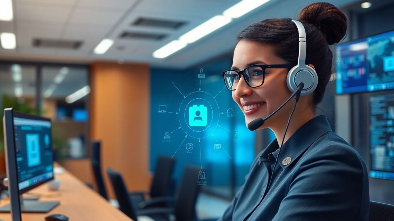 Receptionist using headset with AI digital interface overlay