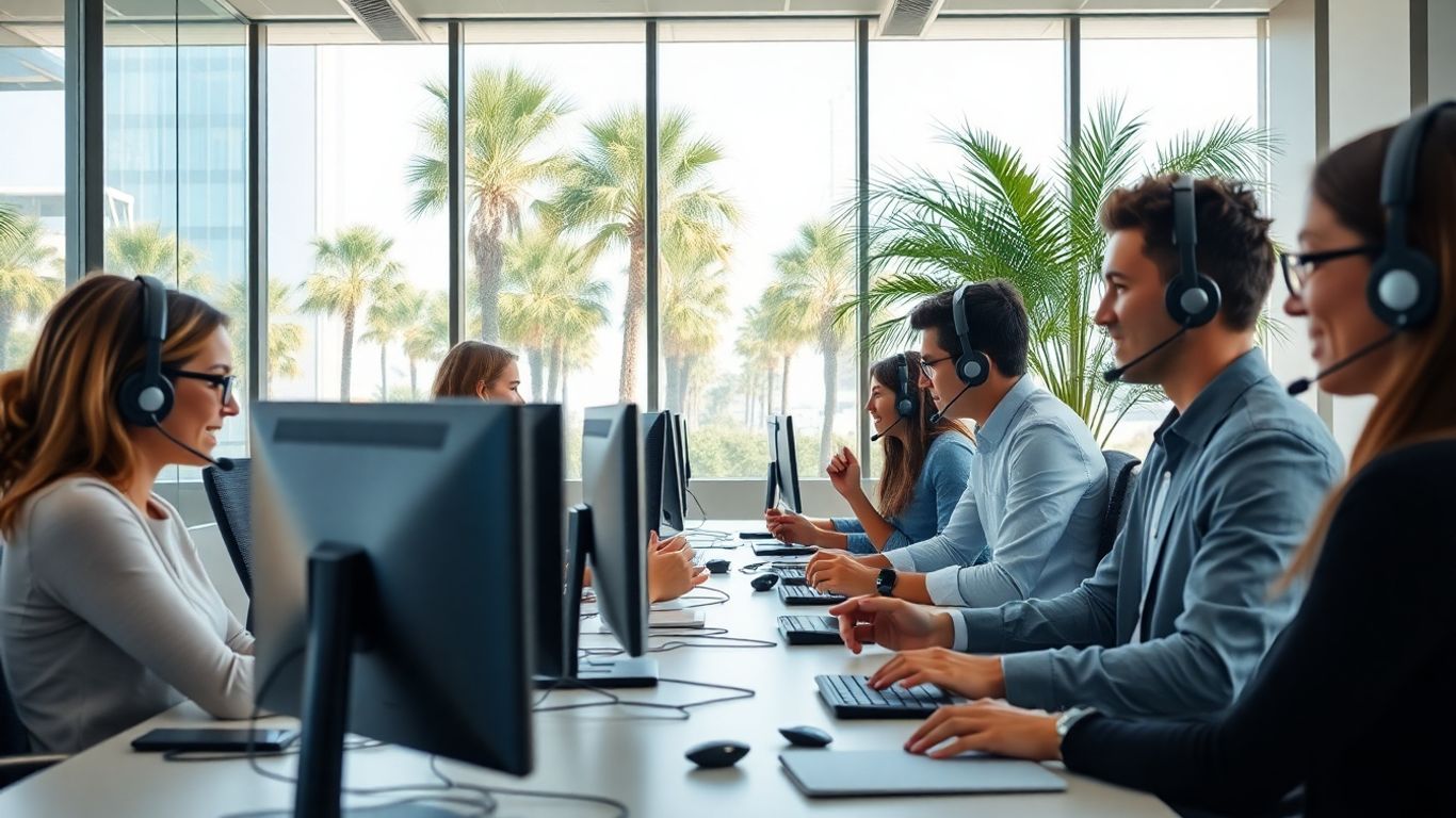 Modern call center team working in sunny Tampa office.