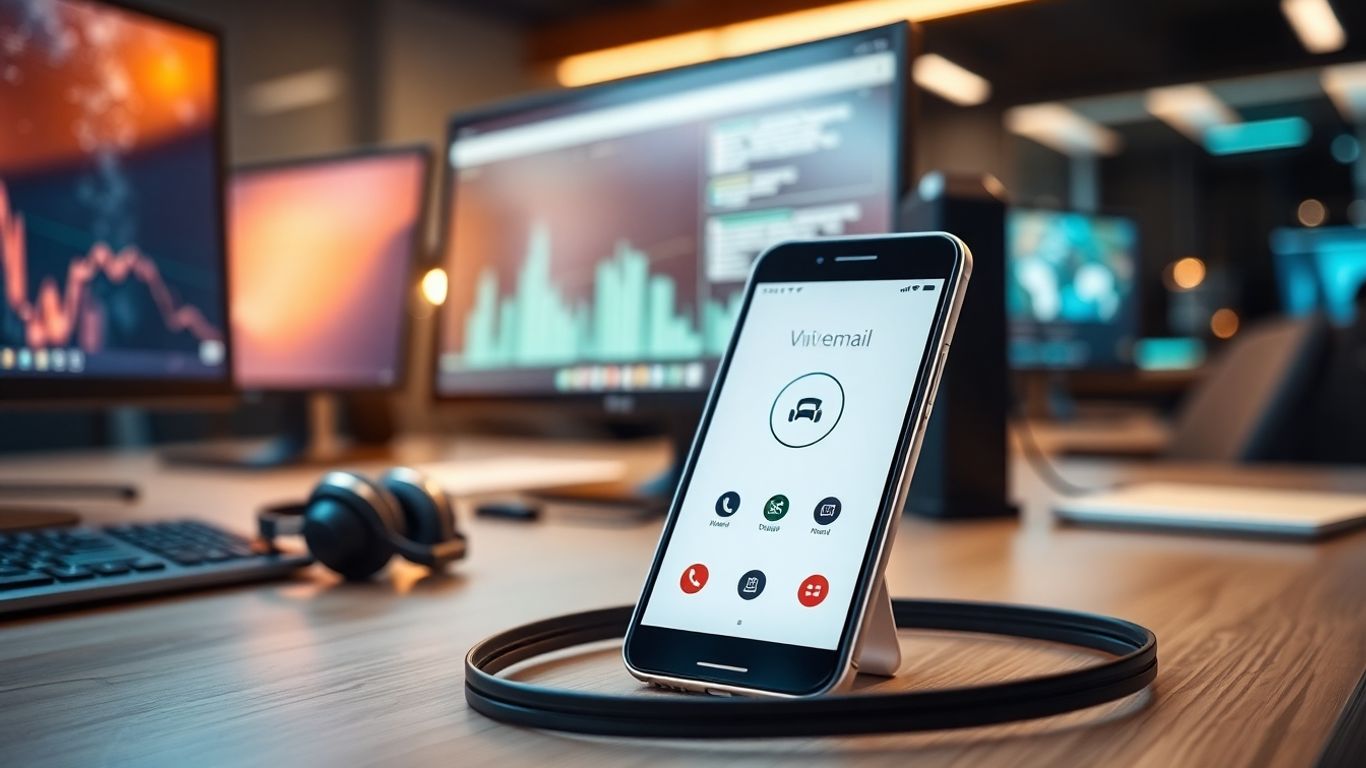 Office desk with smartphone and voicemail in modern workspace.