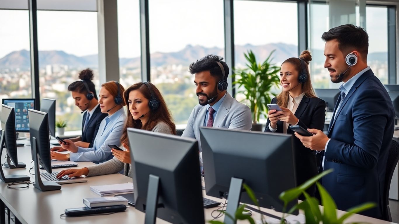 Professionals in modern office using phones and computers