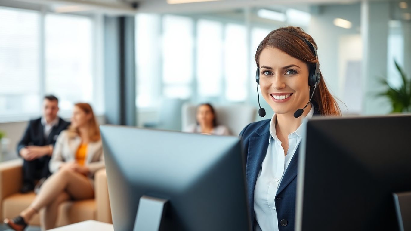 Cheerful receptionist on headset with clients in background