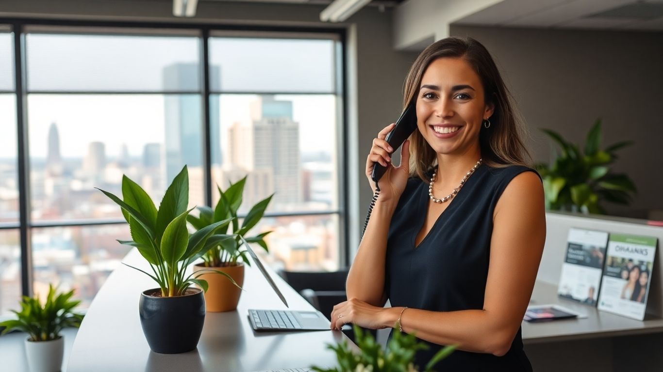 Receptionist answering phone in bright Omaha office