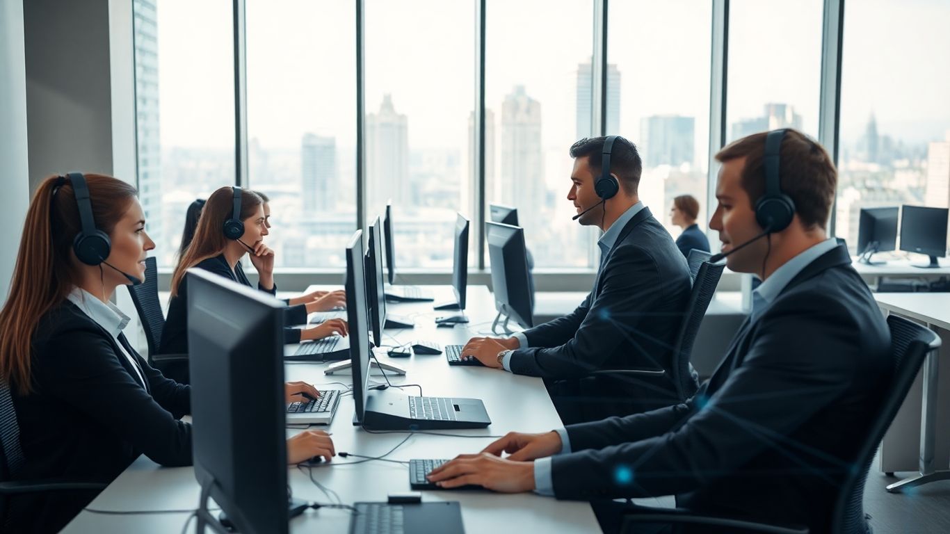 Office workers with headsets routing business calls efficiently