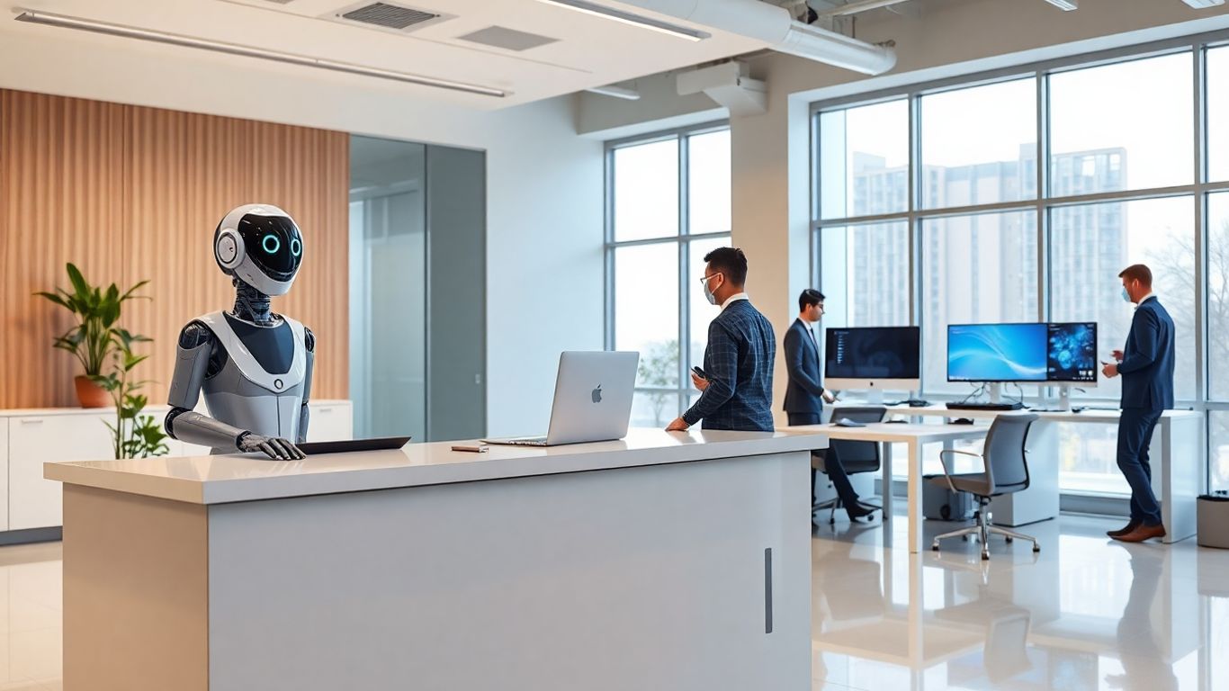 AI receptionist assisting business team in modern office