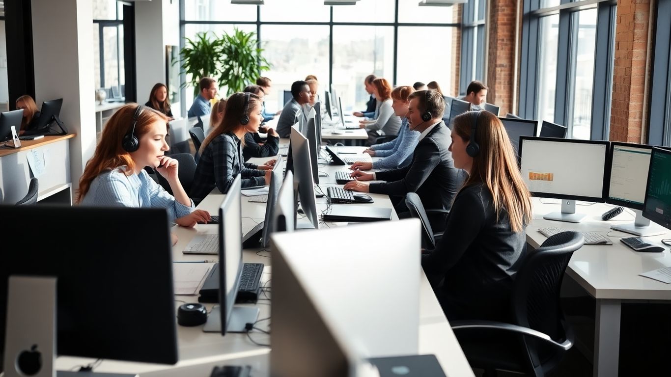 Des Moines office staff with headsets working efficiently