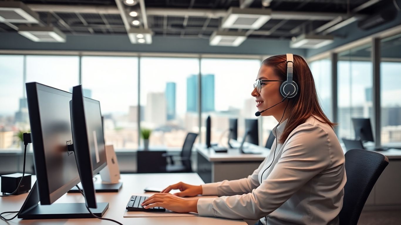 Call center agent at desk in Des Moines office