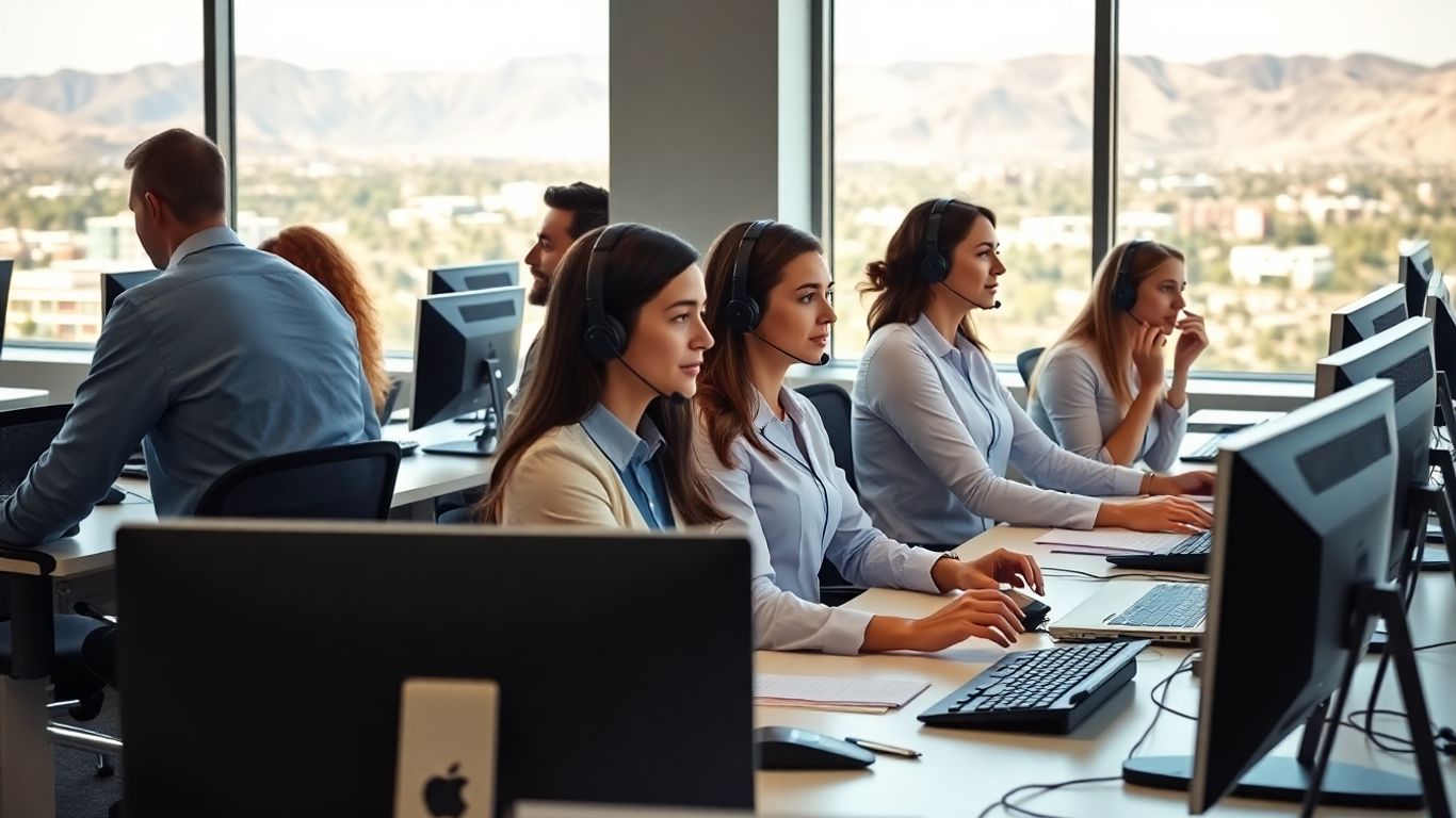 Busy North Las Vegas call center office with headsets