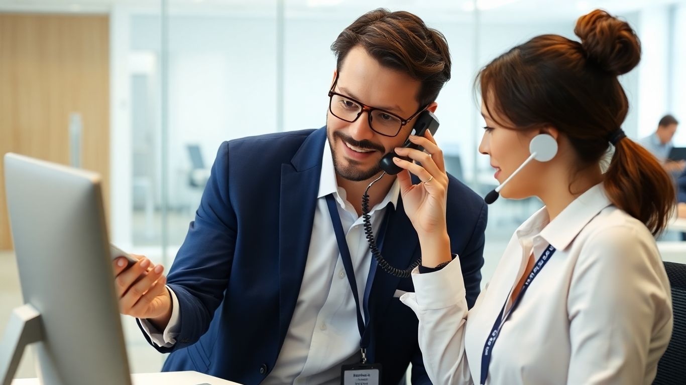 Professional using headset and computer in modern secure office