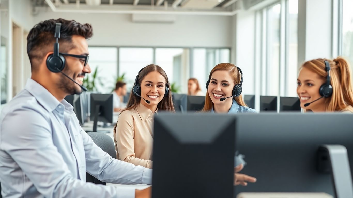Professional call center agents taking calls in a modern office