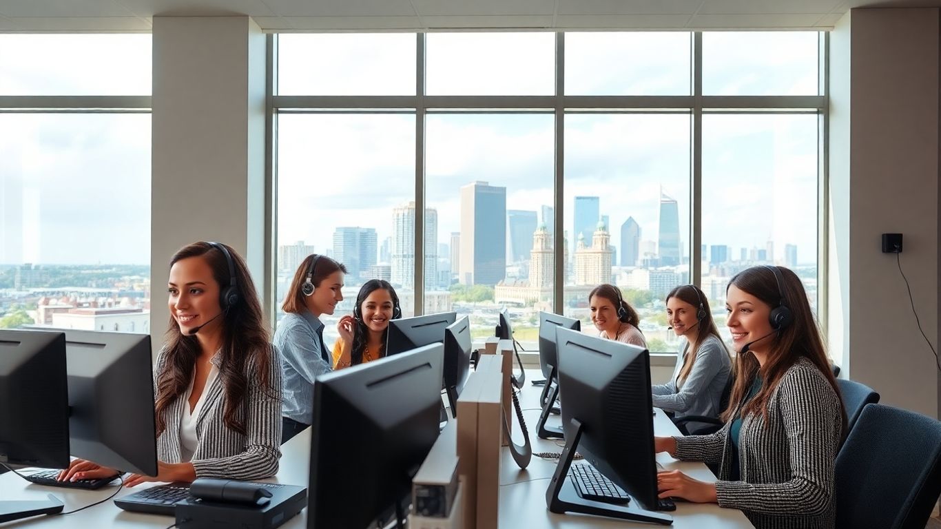 Receptionists working in modern Fort Wayne office, city view