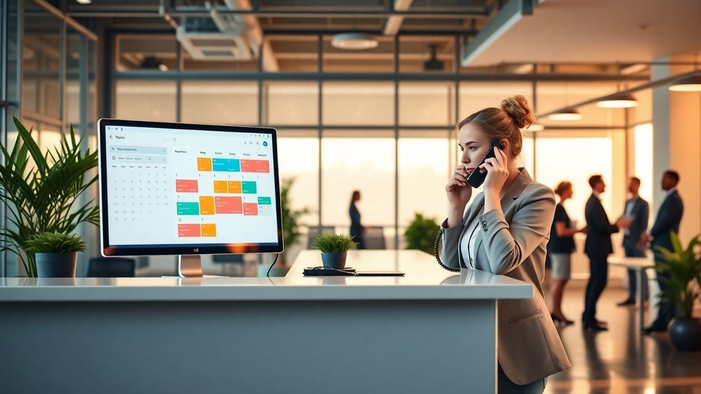 Receptionist managing appointments in a modern office
