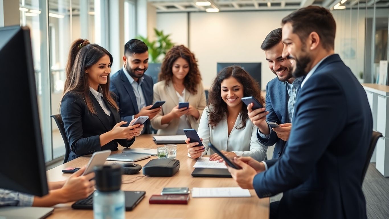 Office workers using devices for business communication