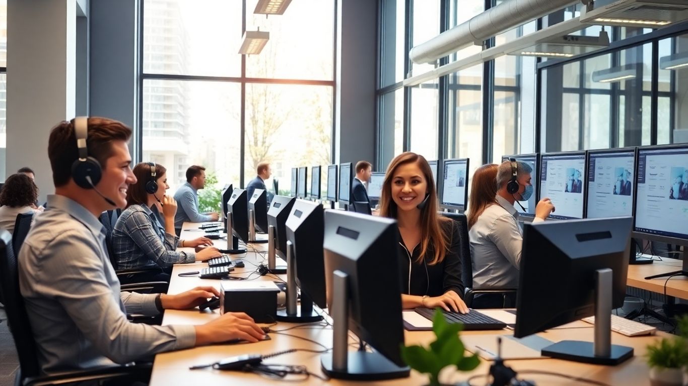 Office professionals using headsets and computers in Richmond office