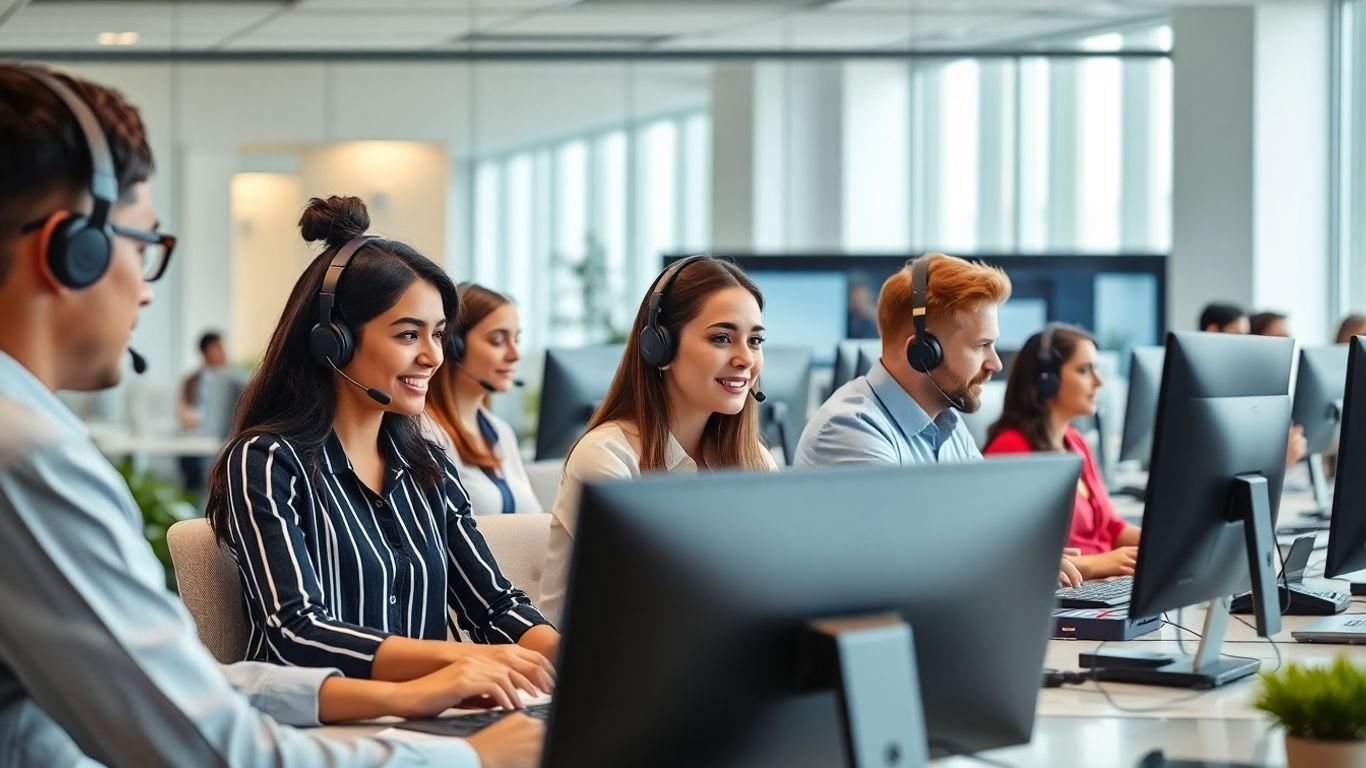 Professionals with headsets in a modern office environment