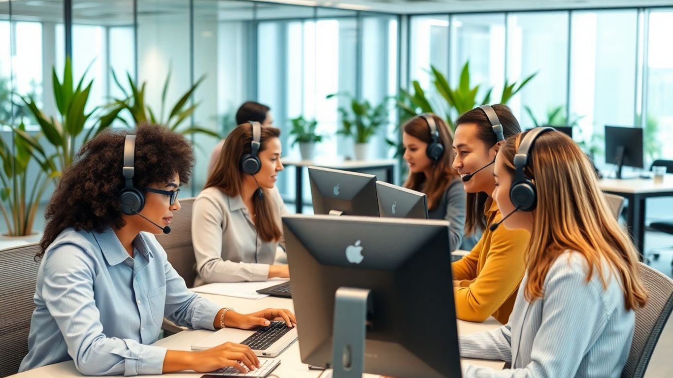 Modern office staff using headsets for business communication.