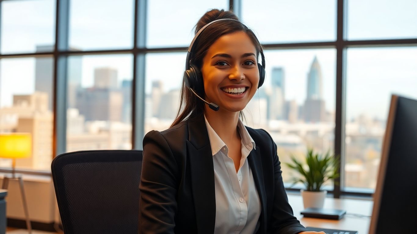 Call center worker with headset and Minneapolis skyline