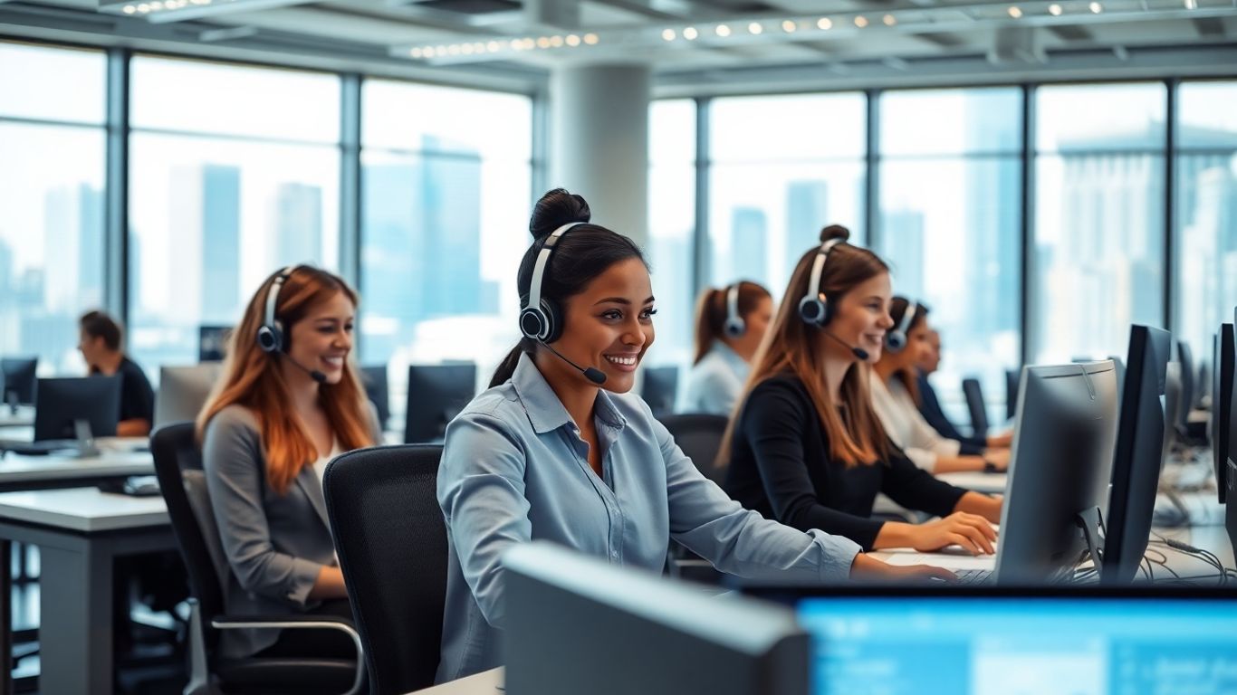 Customer service agents in a modern office answering phone calls.