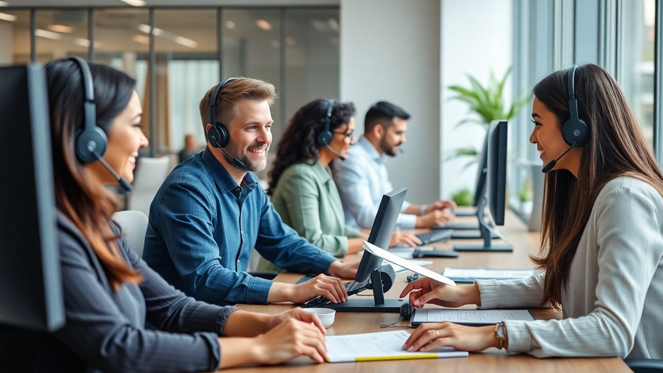Team using headsets collaborating in a modern office