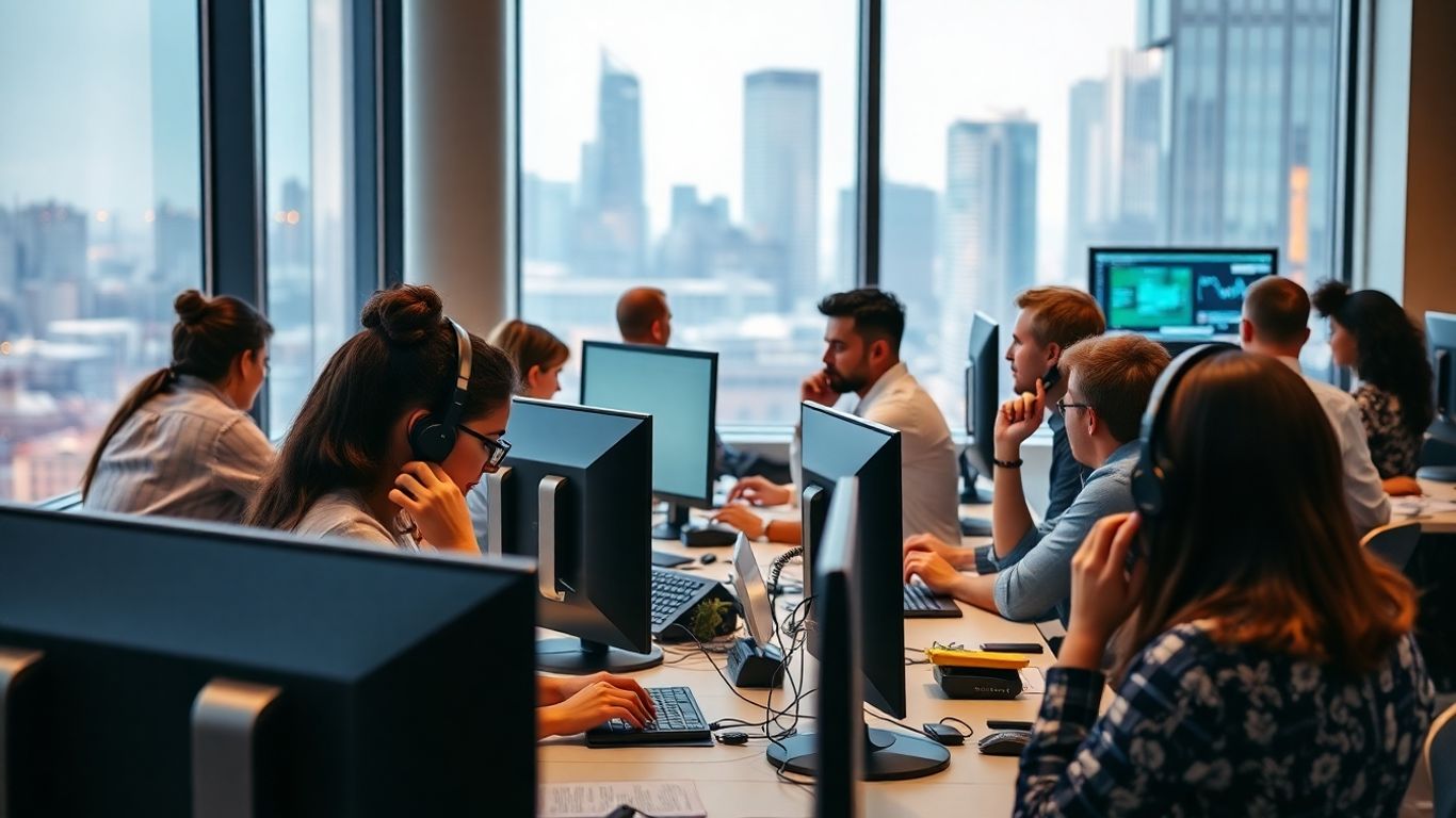 Modern office workers using phones and computers actively