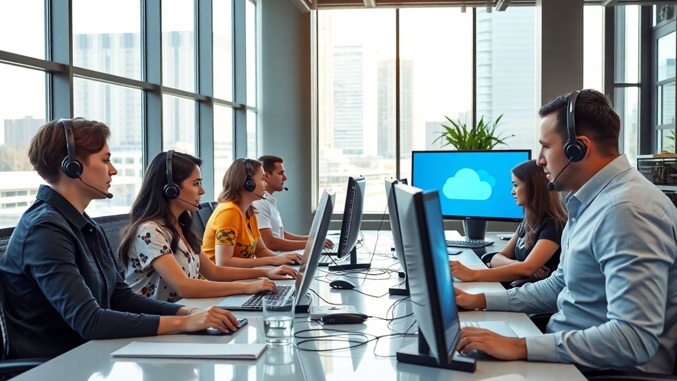 Office workers using headsets and digital tools in Tulsa