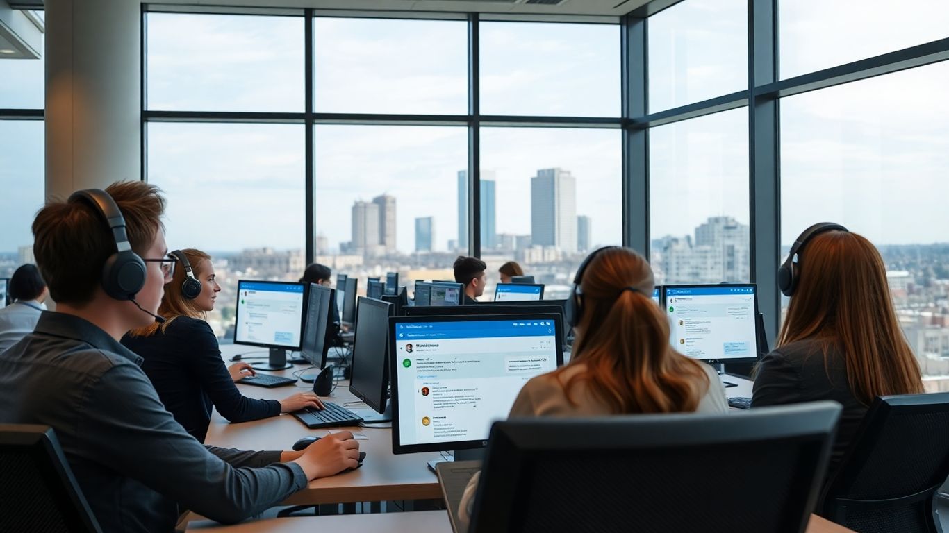 Customer service agents using AI texting in Tulsa office